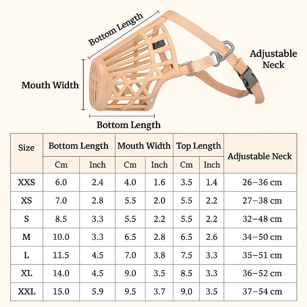 Dog muzzle with measurement chart for different sizes on a white background