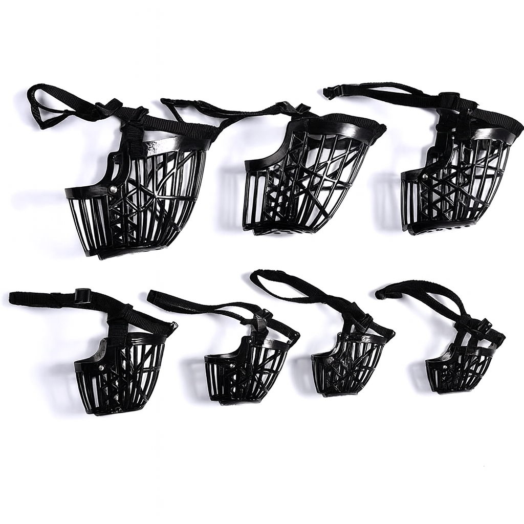 Set of six black pet muzzles on a white background