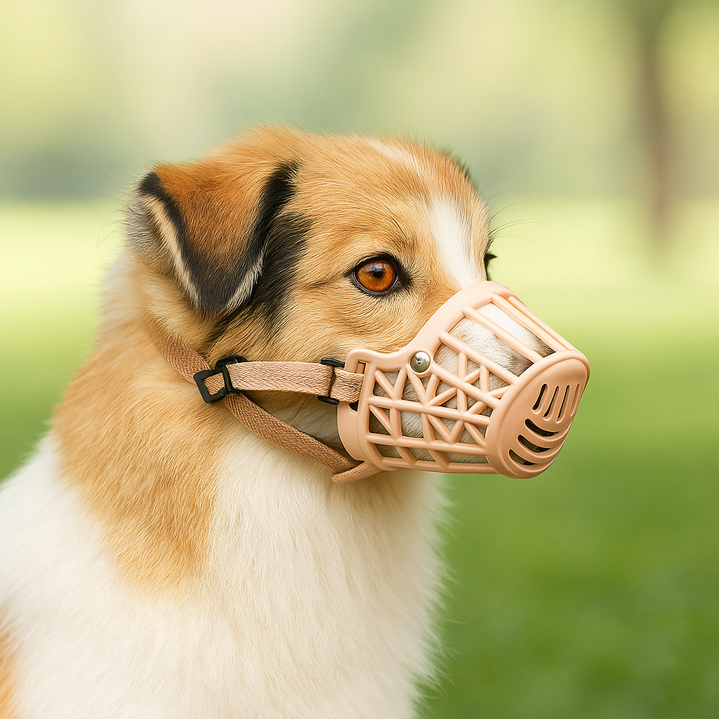 Dog wearing a muzzle with a blurred green background