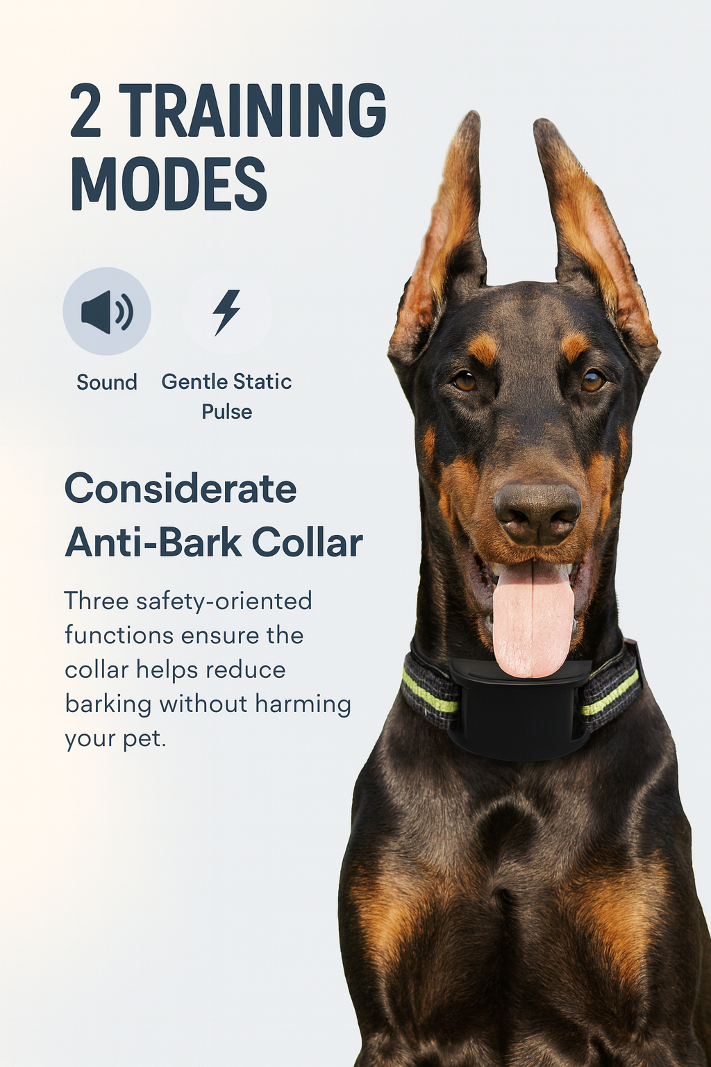 Dog wearing a considerate anti-bark collar with text about training modes on a light gray background
