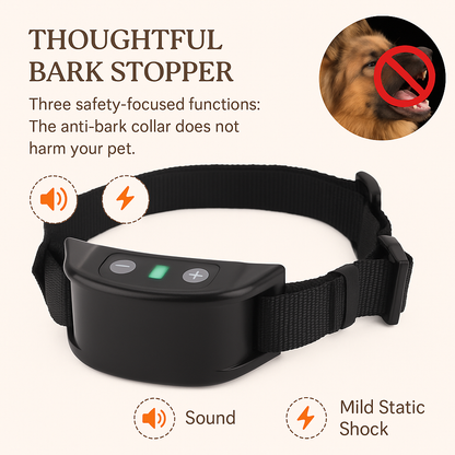 Black dog anti-bark collar with safety features on a white background
