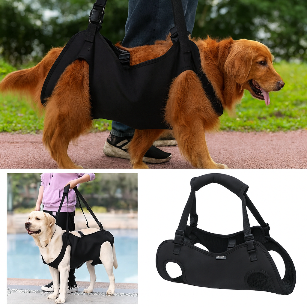 Black dog sling being used to support a dog walking outdoors, with close-up of product design.