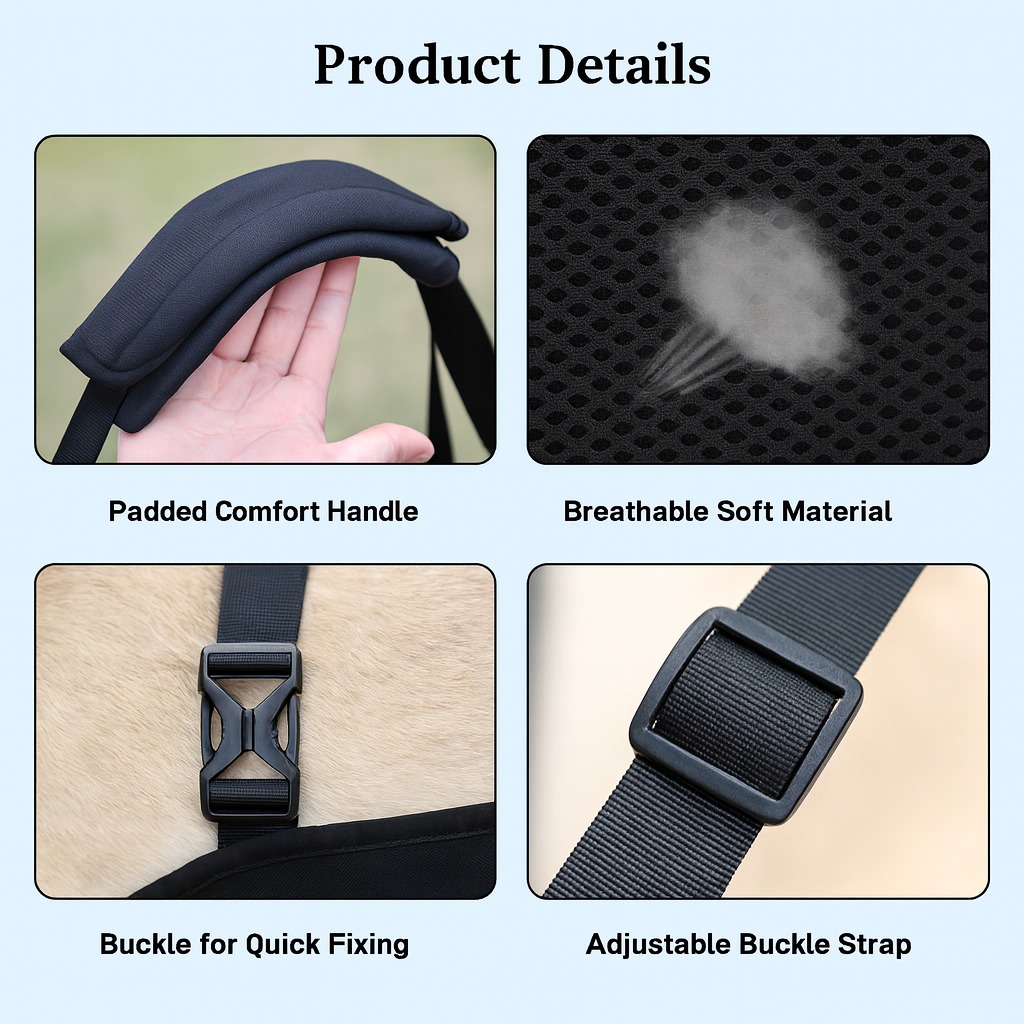 Product details of a padded comfort handle with breathable soft material, buckle for quick fixing, and adjustable buckle strap on a light blue background.