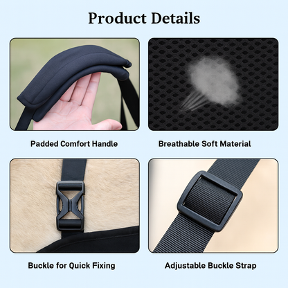 Product details of a padded comfort handle with breathable soft material, buckle for quick fixing, and adjustable buckle strap on a light blue background.