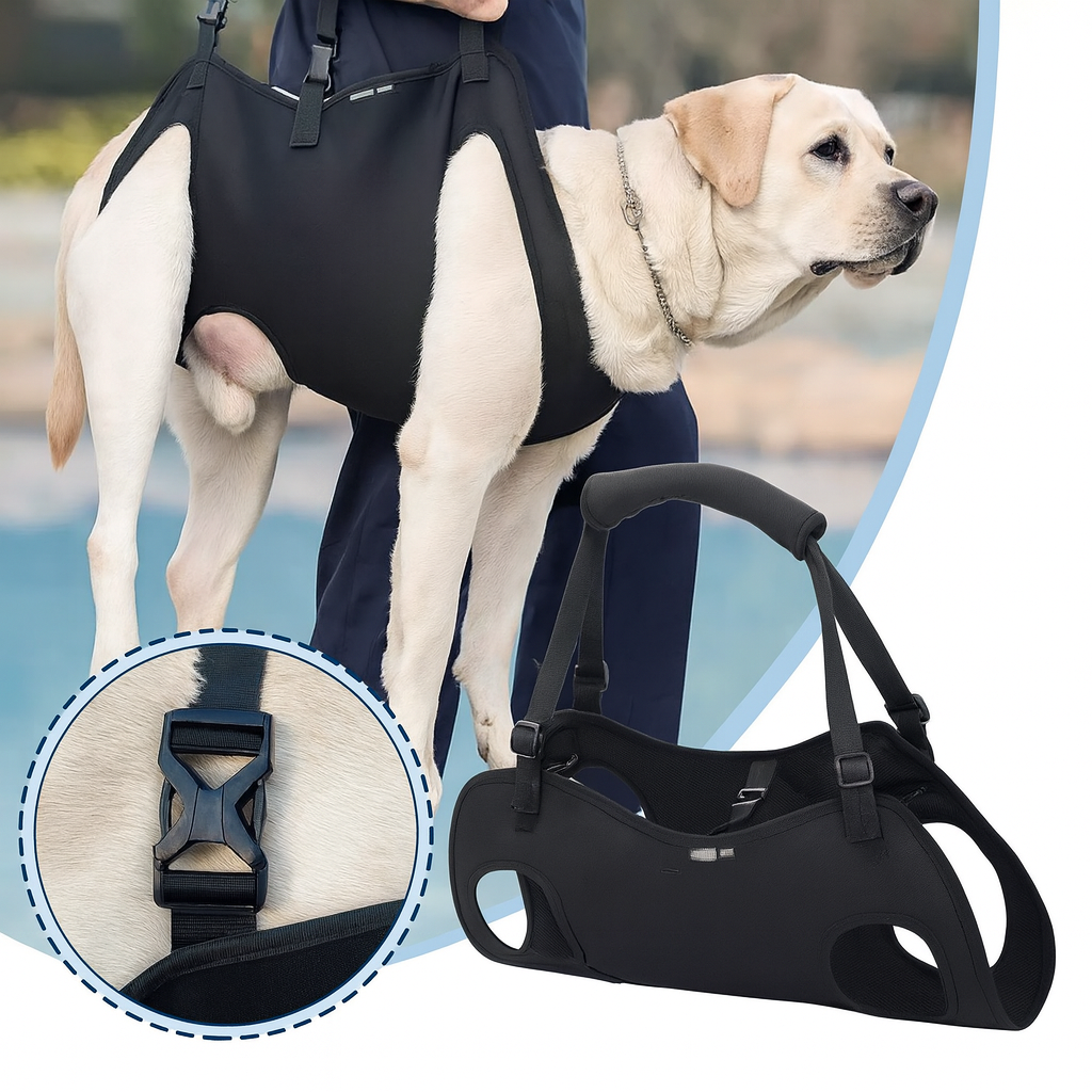 Dog wearing a black harness with a close-up of the buckle, set against a blurred outdoor background.