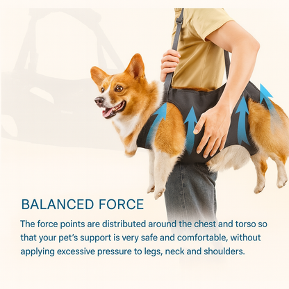 Dog wearing a harness with text about balanced force distribution