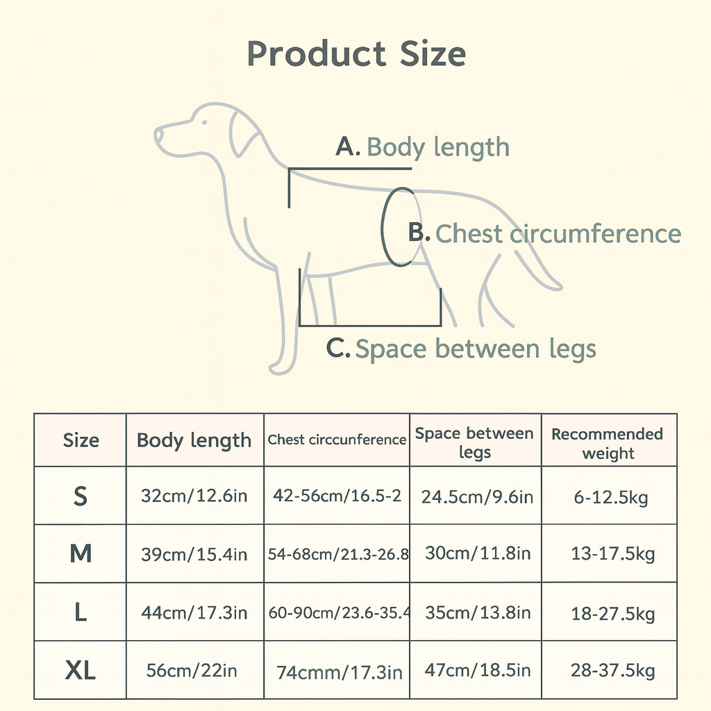 Dog size chart with measurements for body length, chest circumference, and space between legs.