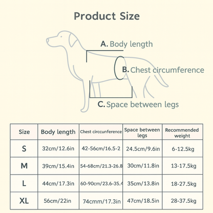Dog size chart with measurements for body length, chest circumference, and space between legs.
