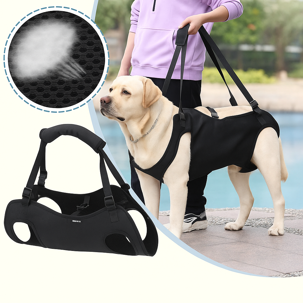 Dog wearing a black harness with a close-up of the material, held by a person outdoors.
