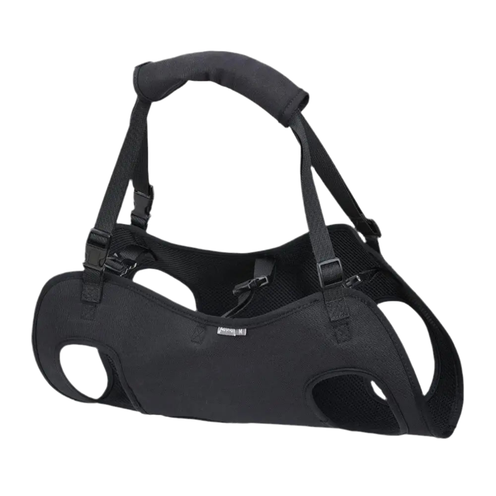 Black pet harness on a white background