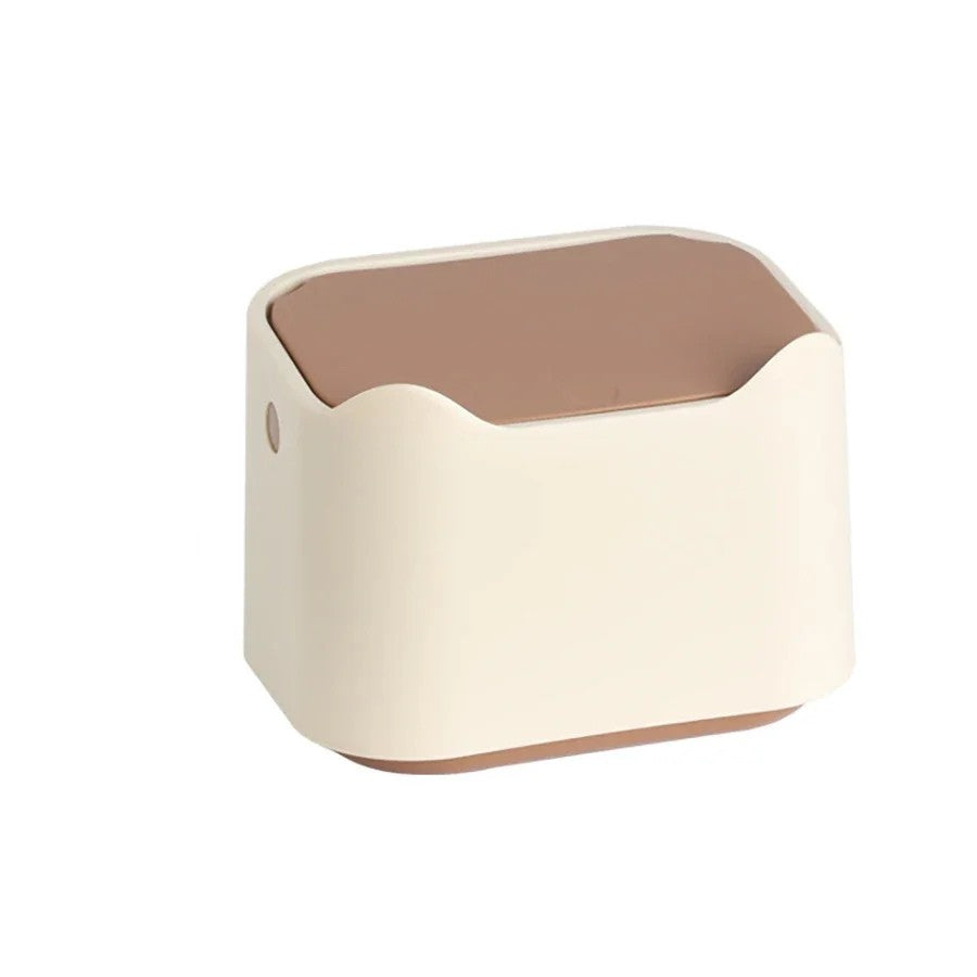 Beige and brown storage bin on a white background